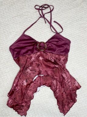 Vintage  Burgundy Paisley Mesh Halter Fairy Top Whimsigoth Asymmetrical S